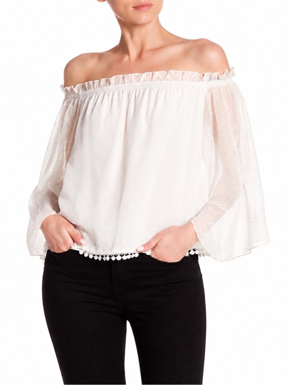 Laundry by Shelli Segal Off Shoulder Swiss Dot Blouse White Sheer Tulip Sleeve S